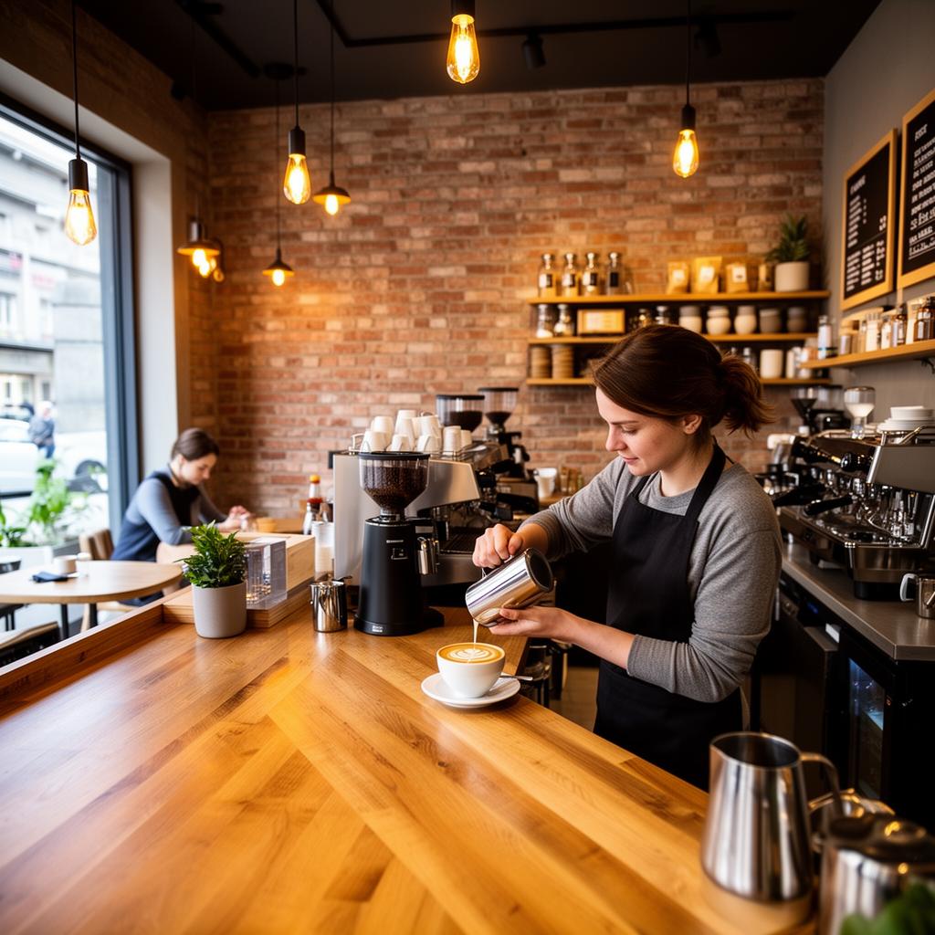 Modern coffee shop interior with barista pouring latte art