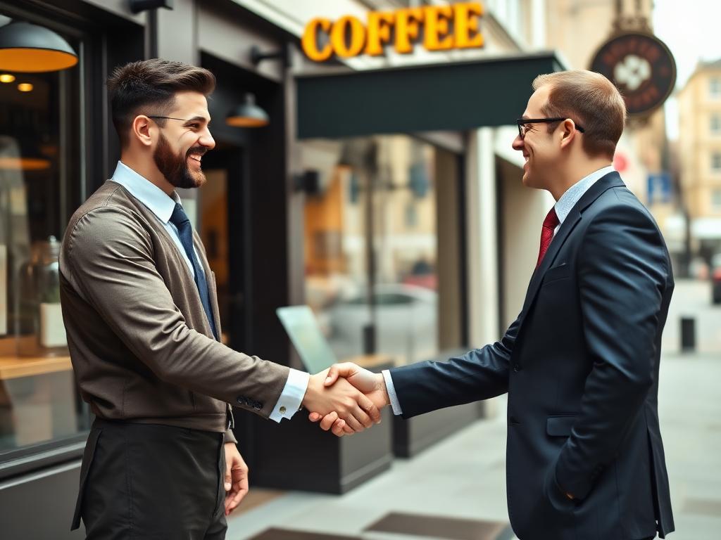 Restaurant owner and consultant shaking hands outside a modern UK coffee shop