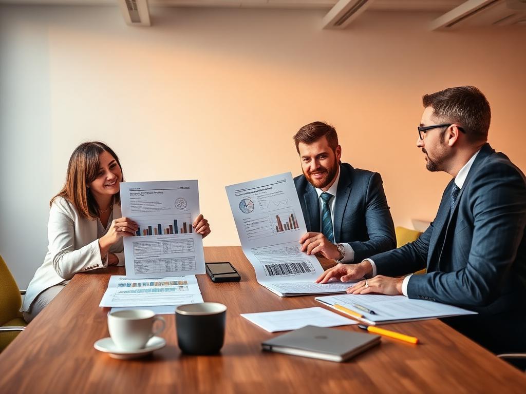 Business professionals reviewing restaurant acquisition documents and financial reports