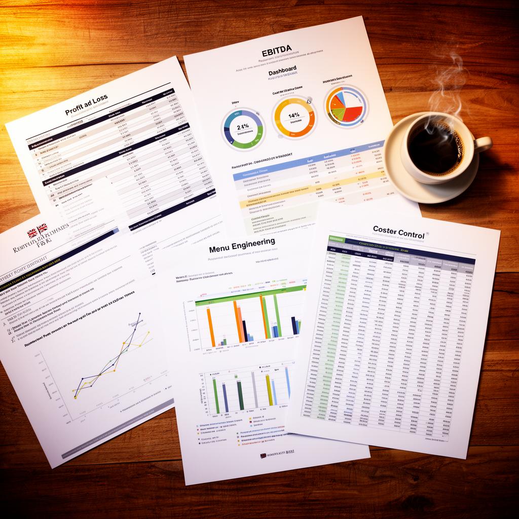 Restaurant financial advisory documents with P&L statements and EBITDA dashboards