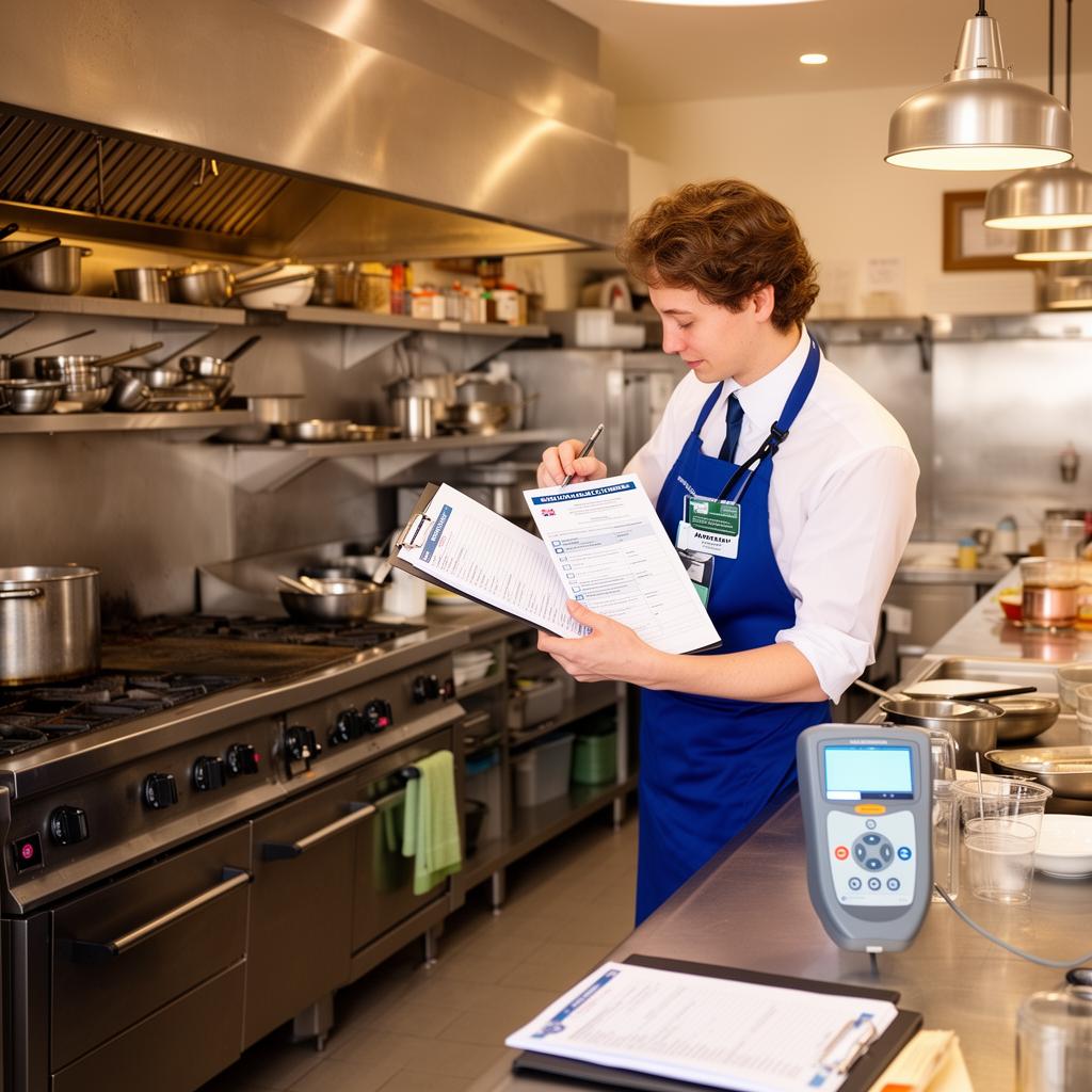 Restaurant compliance inspector conducting food safety audit in a UK cafe kitchen