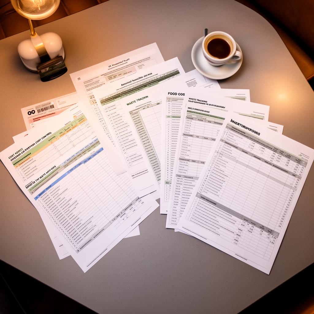 Restaurant cost control documents and audit spreadsheets on a professional desk