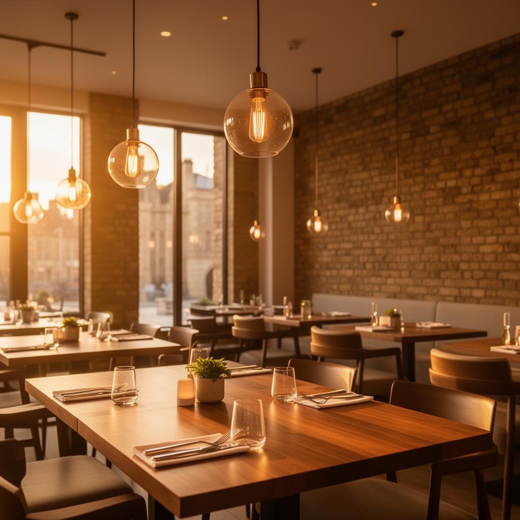 Elegant modern UK restaurant interior with warm ambient lighting and minimalist design
