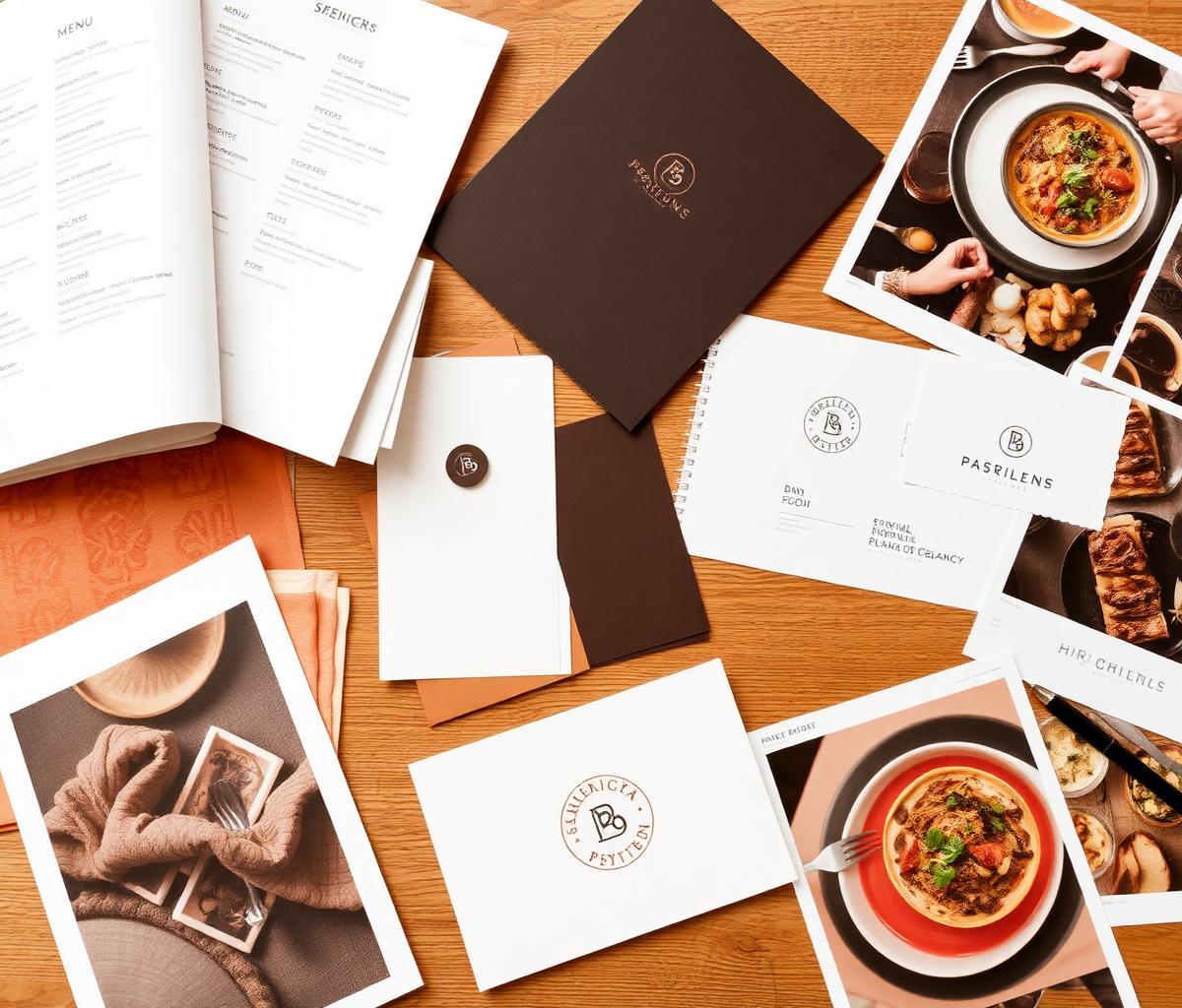 Restaurant brand identity moodboard with menus, colour palette and concept design materials