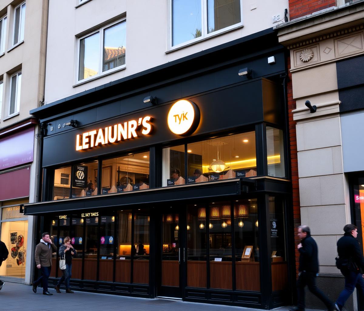 Modern UK restaurant exterior at golden hour with illuminated signage and pedestrians