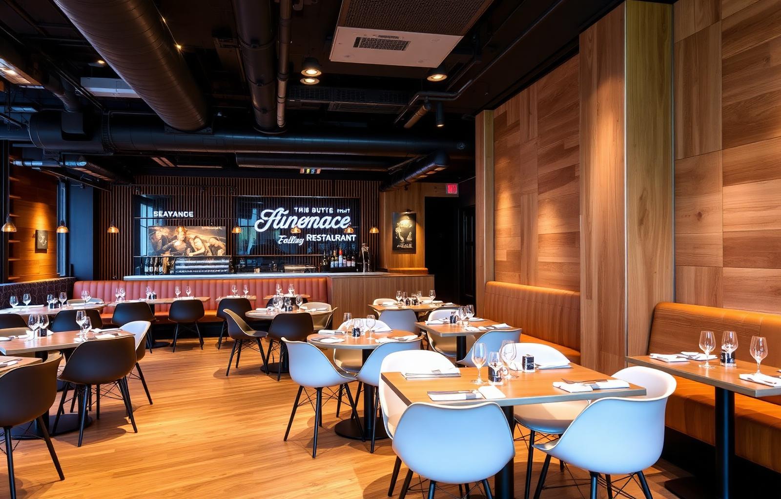 Stylish UK restaurant interior with branded concept design and warm ambient lighting