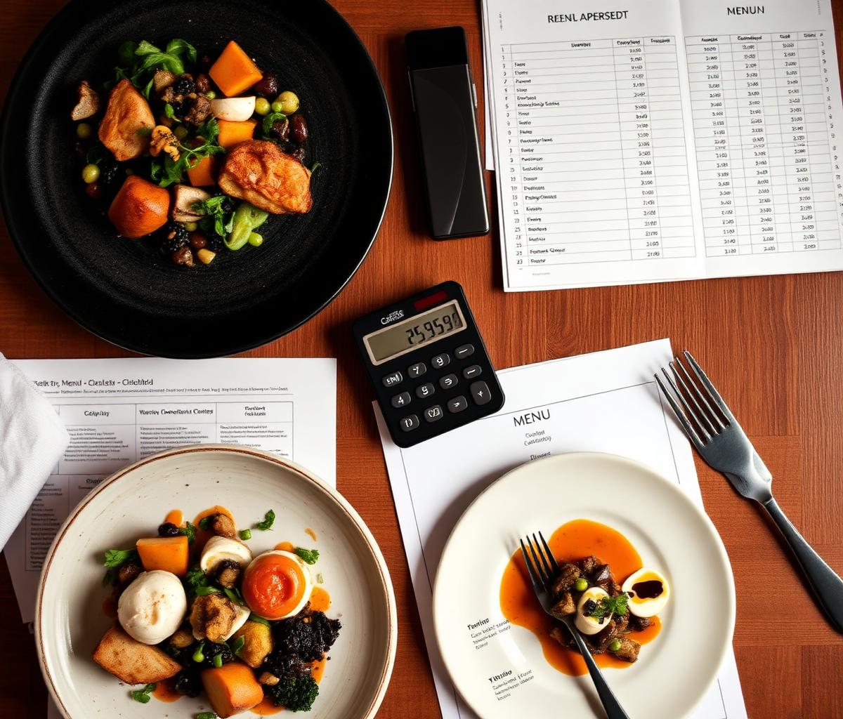 Restaurant menu engineering workspace with plated dishes and cost analysis sheets