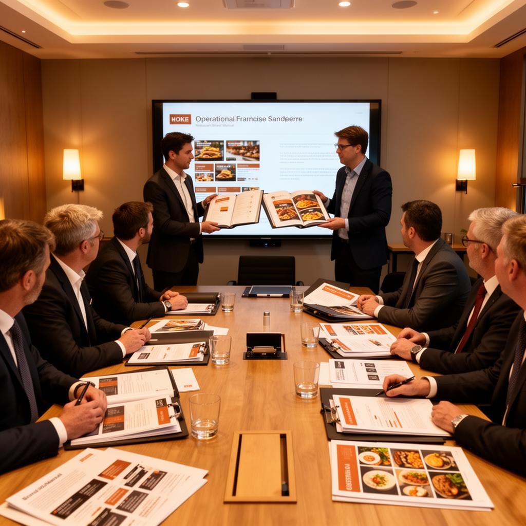 Restaurant franchise development meeting with operational manuals and brand standards