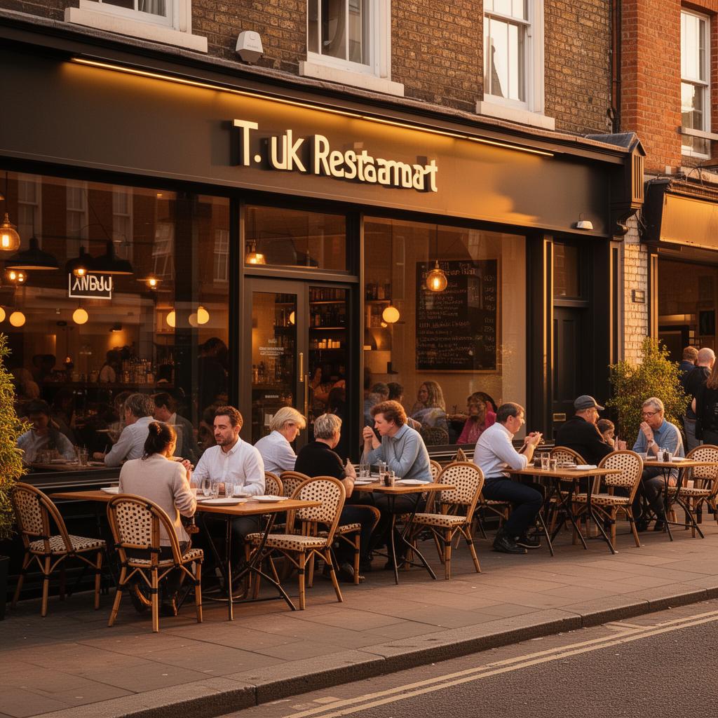 Successful UK restaurant exterior at golden hour with thriving outdoor seating