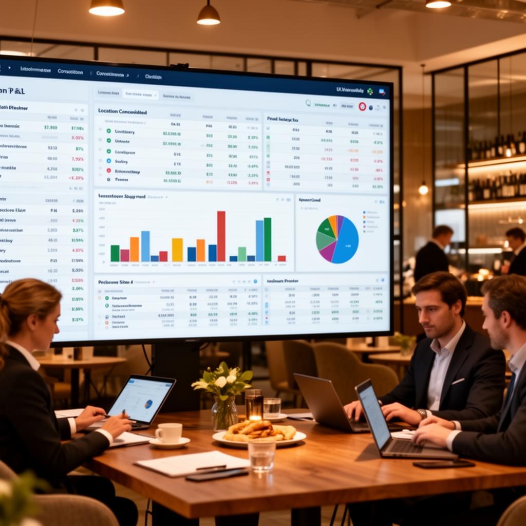 Multi-site restaurant financial dashboard showing consolidated P&L reports