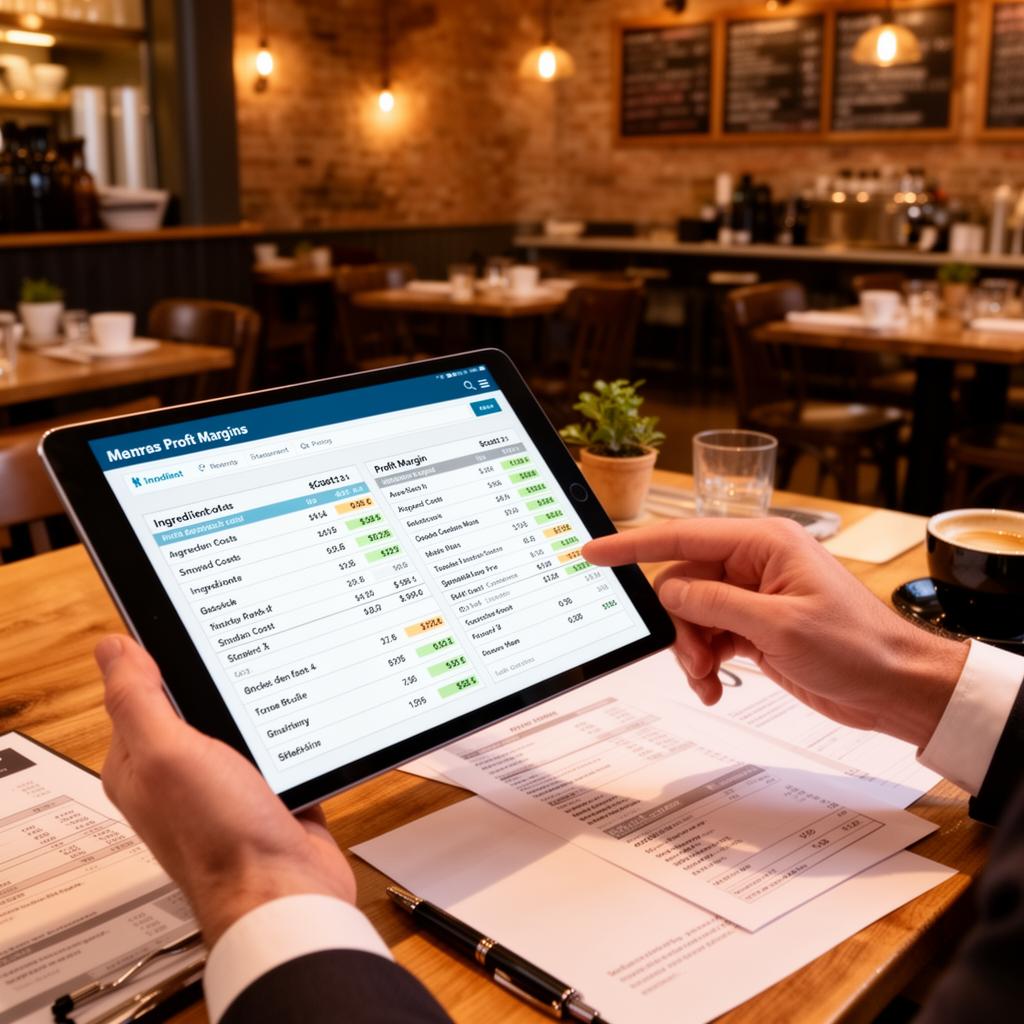 Restaurant manager analysing menu costs and profit margins on a tablet device
