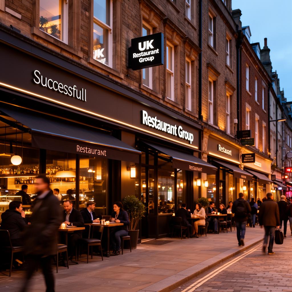 Successful UK restaurant group with multiple thriving locations on a busy high street at dusk