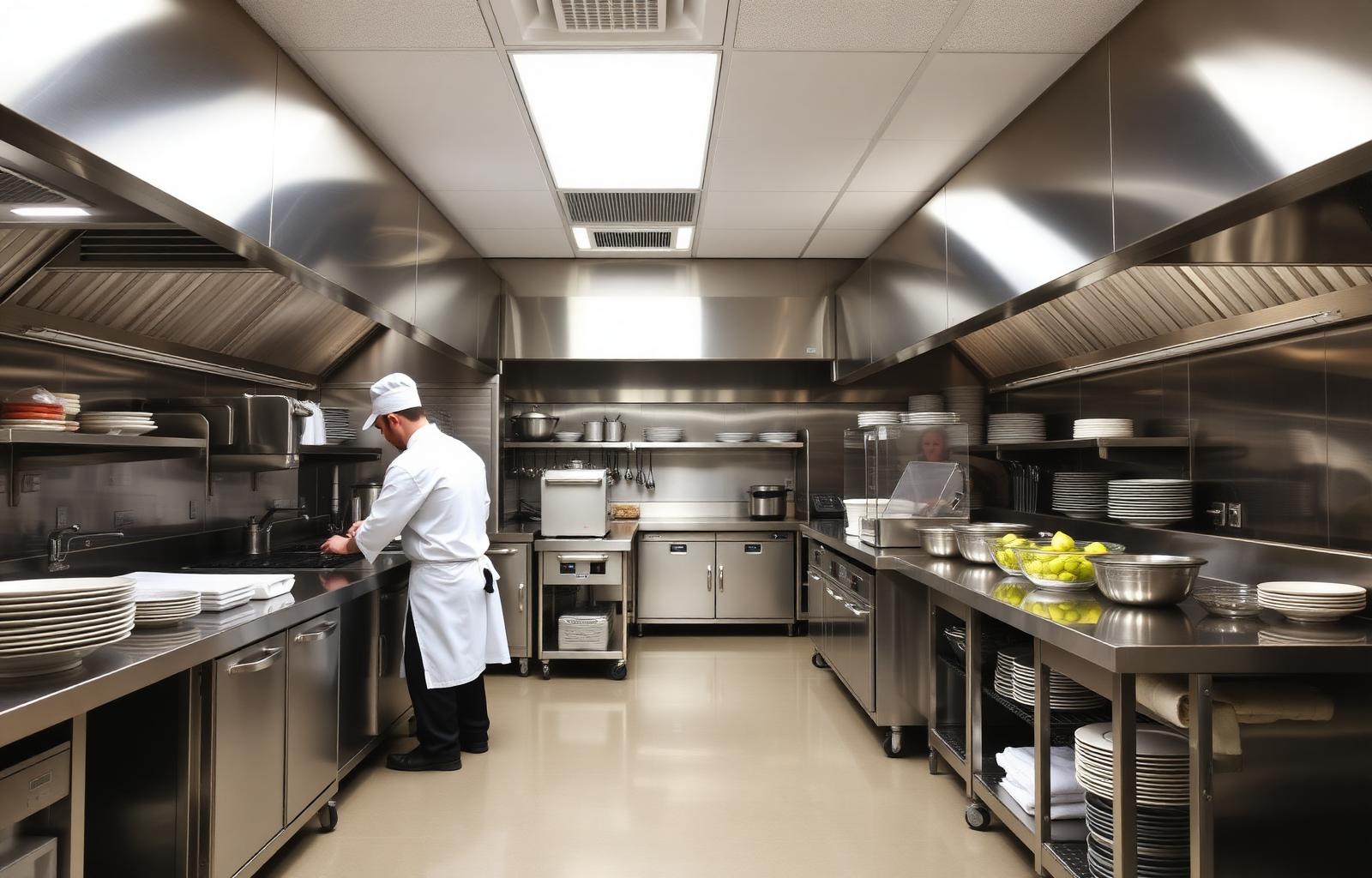 Professional UK restaurant kitchen with stainless steel stations designed for efficient service throughput