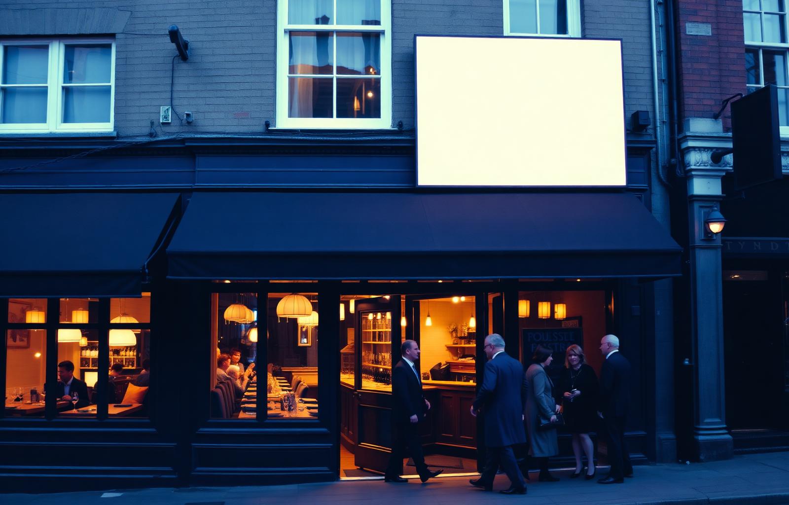 UK restaurant exterior on opening night with guests arriving and warm window light