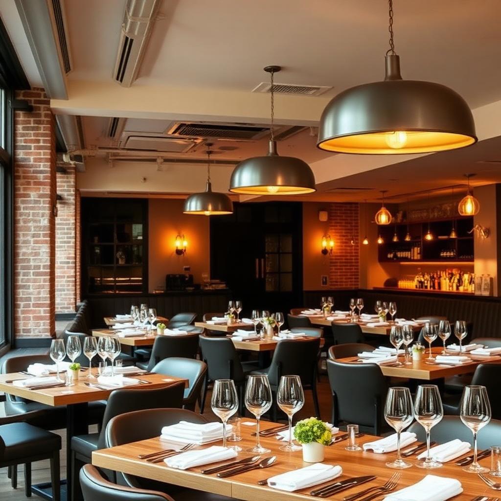 Elegantly set tables in a modern UK restaurant interior at golden hour, ready for service