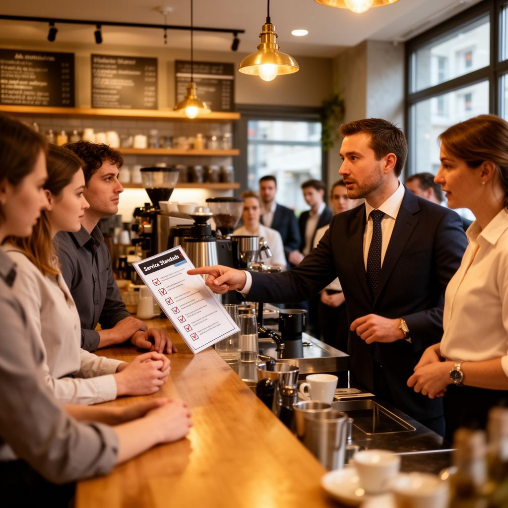 Restaurant manager coaching front-of-house staff in a UK café