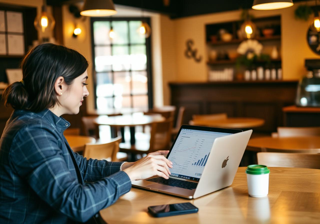 Restaurant manager reviewing outsourced financial P&L reports and EPOS data on a laptop inside a UK hospitality venue