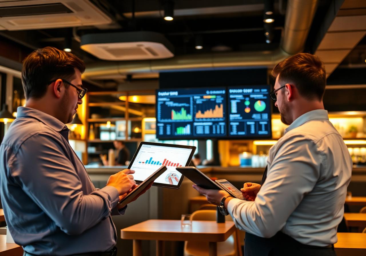 UK restaurant managers reviewing multi-site operational performance dashboards on tablets in a modern hospitality venue