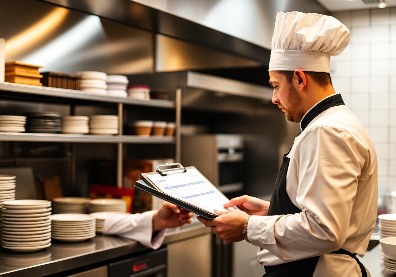 Chef reviewing supplier procurement and inventory in a UK restaurant kitchen for outsourced cost control