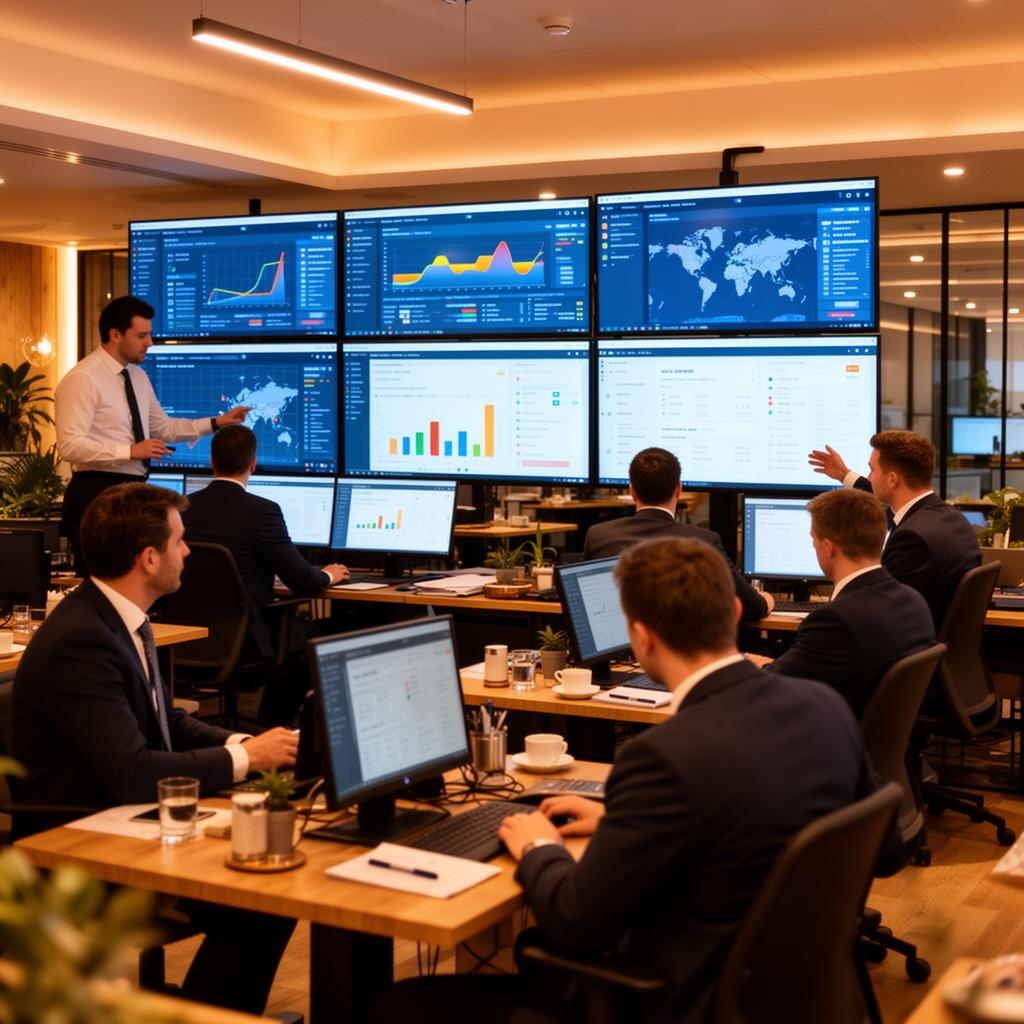 Restaurant operations team reviewing multi-site performance dashboards in a UK hospitality headquarters