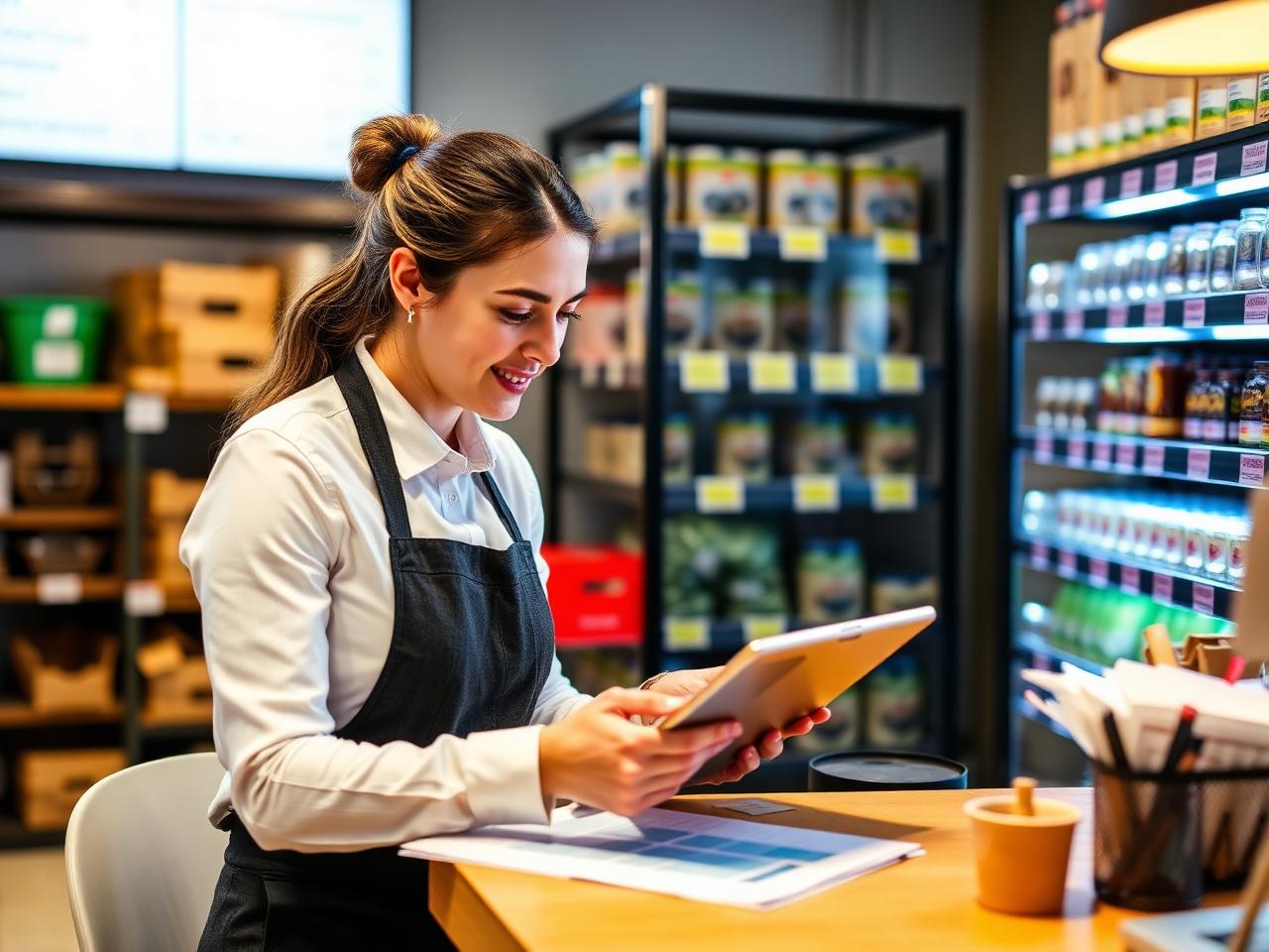UK hospitality manager reviewing supplier procurement data and POS analytics on a tablet inside a coffee shop back office
