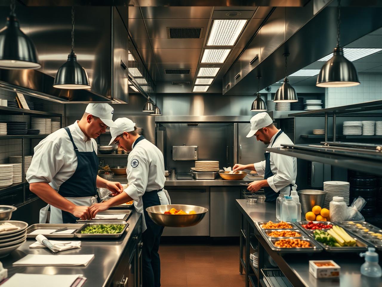 Organised UK restaurant kitchen workflow during service with chefs at clearly defined prep and pass stations