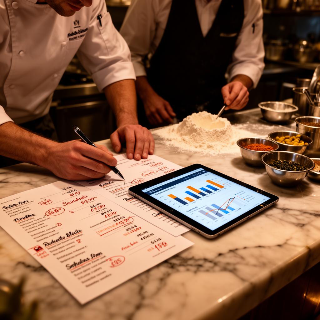 Menu engineering planning on a marble counter inside a hospitality venue