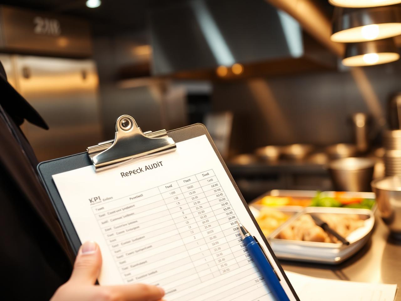 Operational audit clipboard with KPI checklist beside a working restaurant kitchen prep station