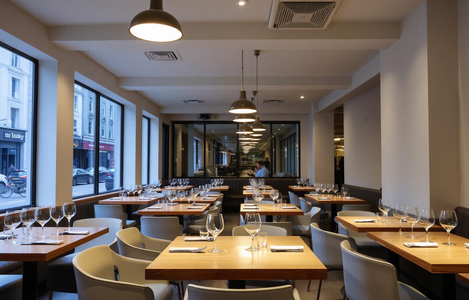 Modern UK restaurant interior set for opening night with polished tables and ambient lighting