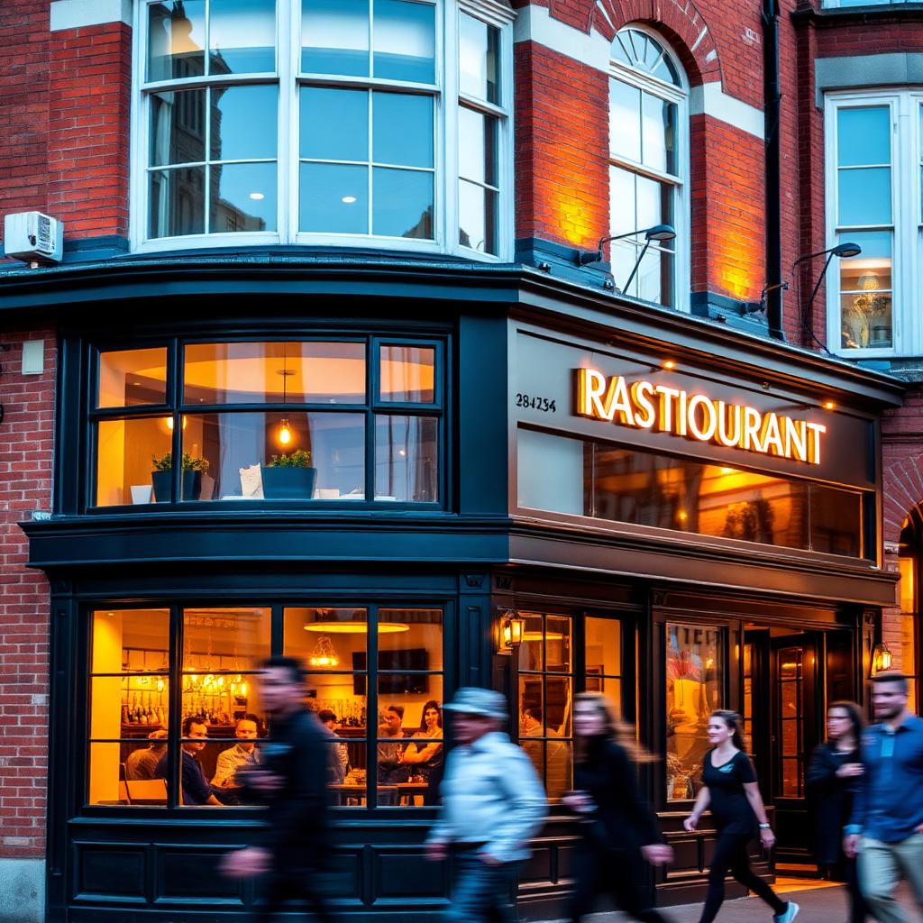 UK restaurant exterior glowing at dusk on opening night with passing pedestrians