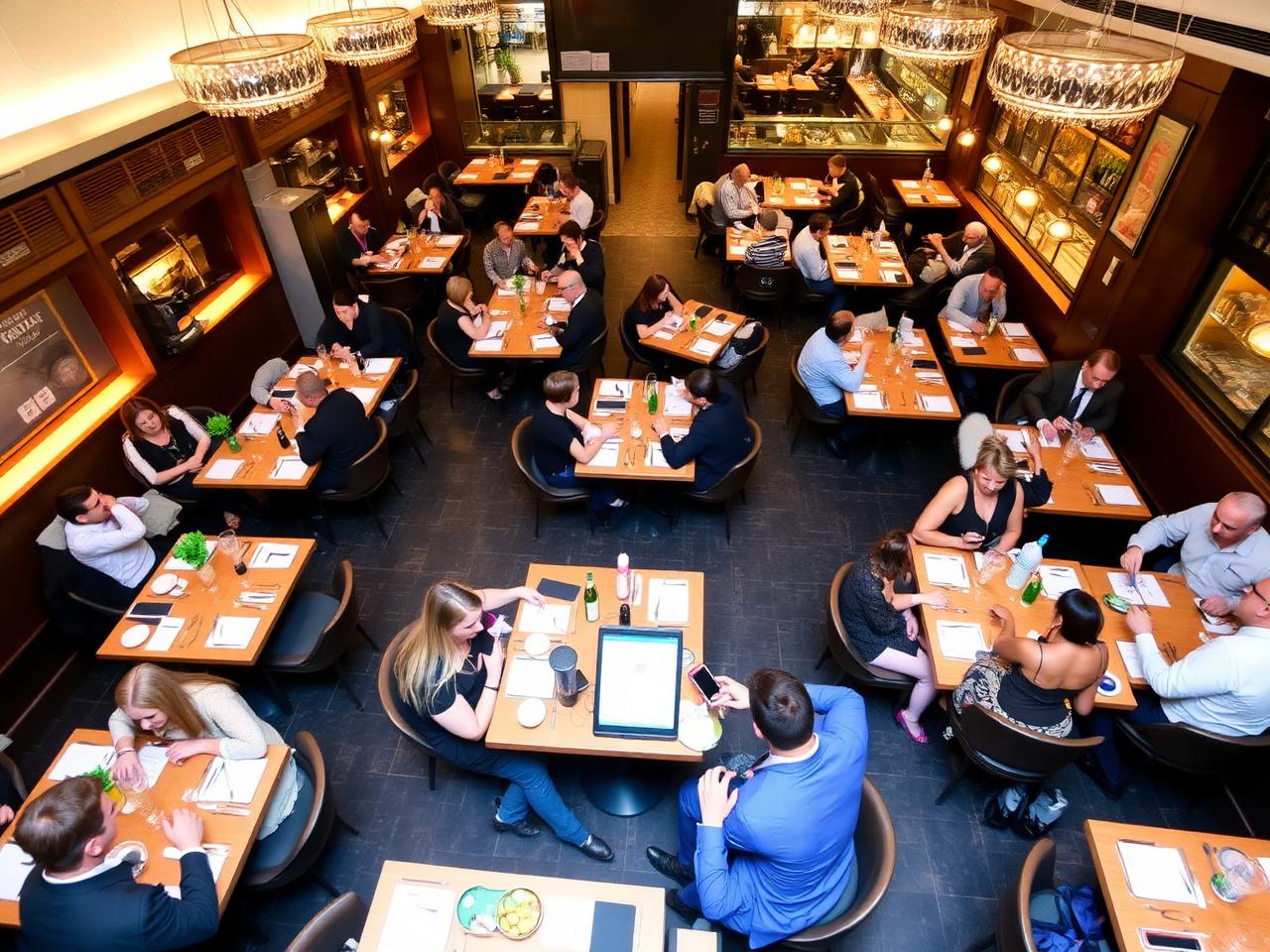 Busy modern London restaurant dining room during peak service — table turnover and revenue per seat hour