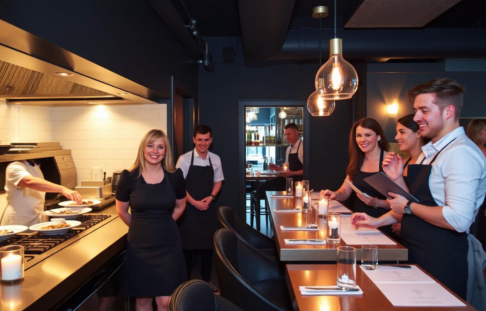 Soft launch night at a new UK restaurant with chef plating dishes and staff serving first guests