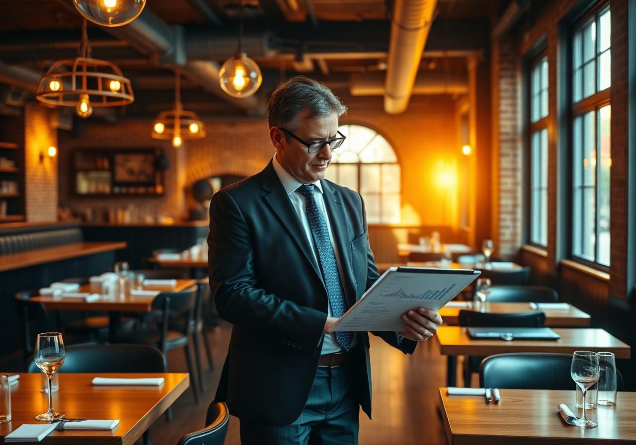 UK restaurant turnaround consultant reviewing recovery analytics in a warm, modern restaurant interior at golden hour