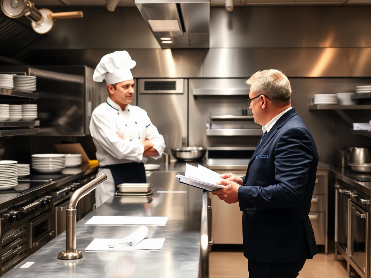 Hospitality consultant and chef discussing operational restructuring at a stainless-steel pass in a UK restaurant kitchen
