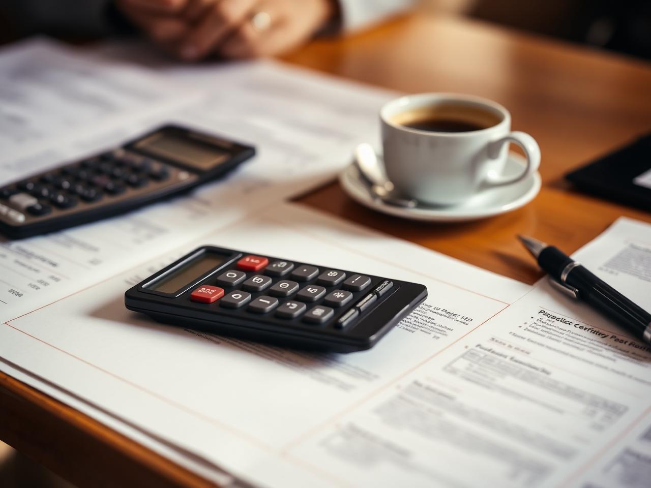 Calculator, espresso cup and restaurant P&L documents on a wood table — financial control and menu engineering for UK restaurant turnaround