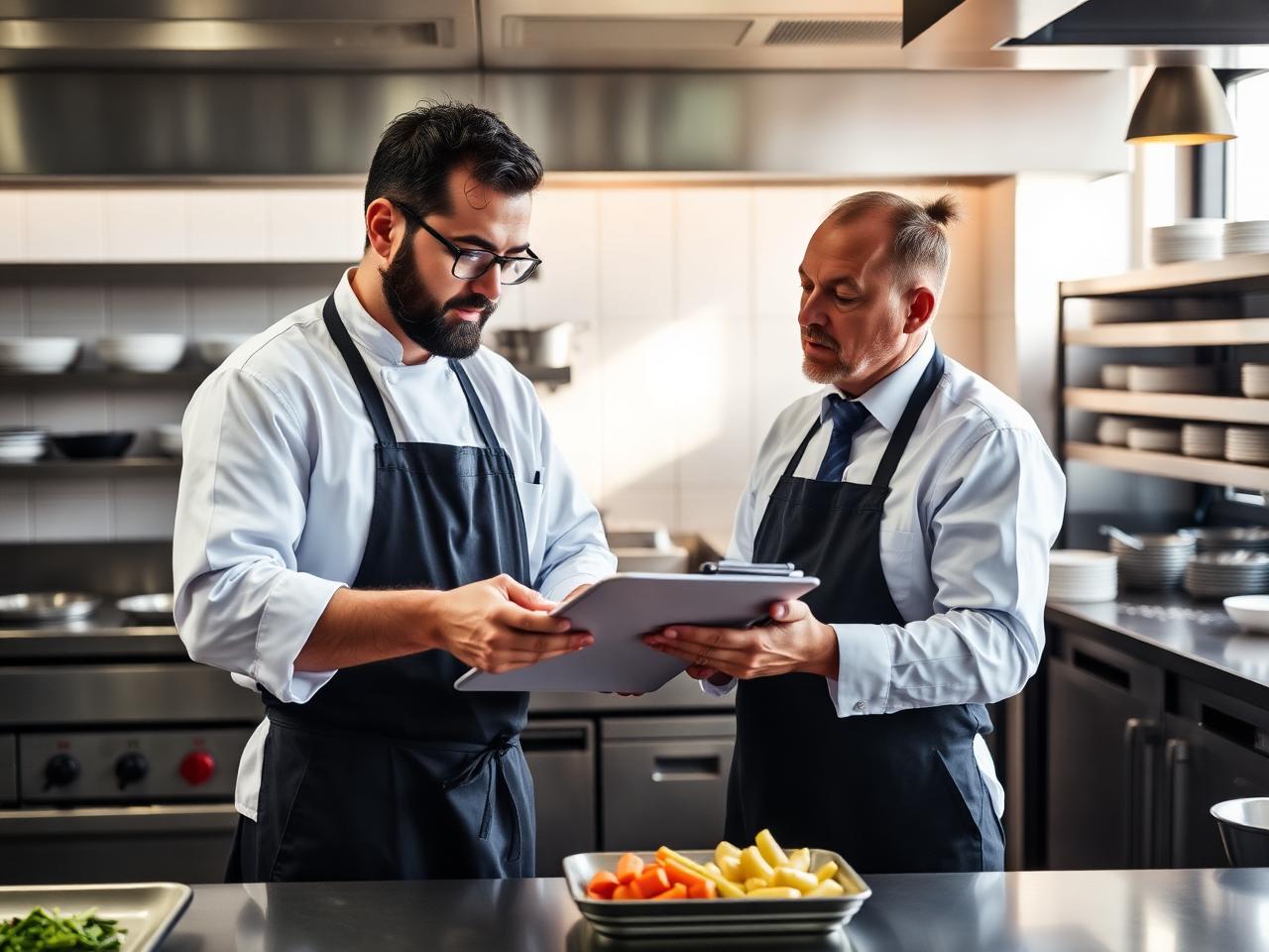 Hospitality consultant and chef reviewing operational restructuring notes in a stainless-steel UK restaurant kitchen — turnaround consulting context