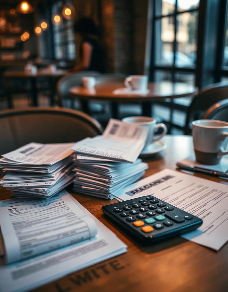 Financial documents and calculator on cafe table