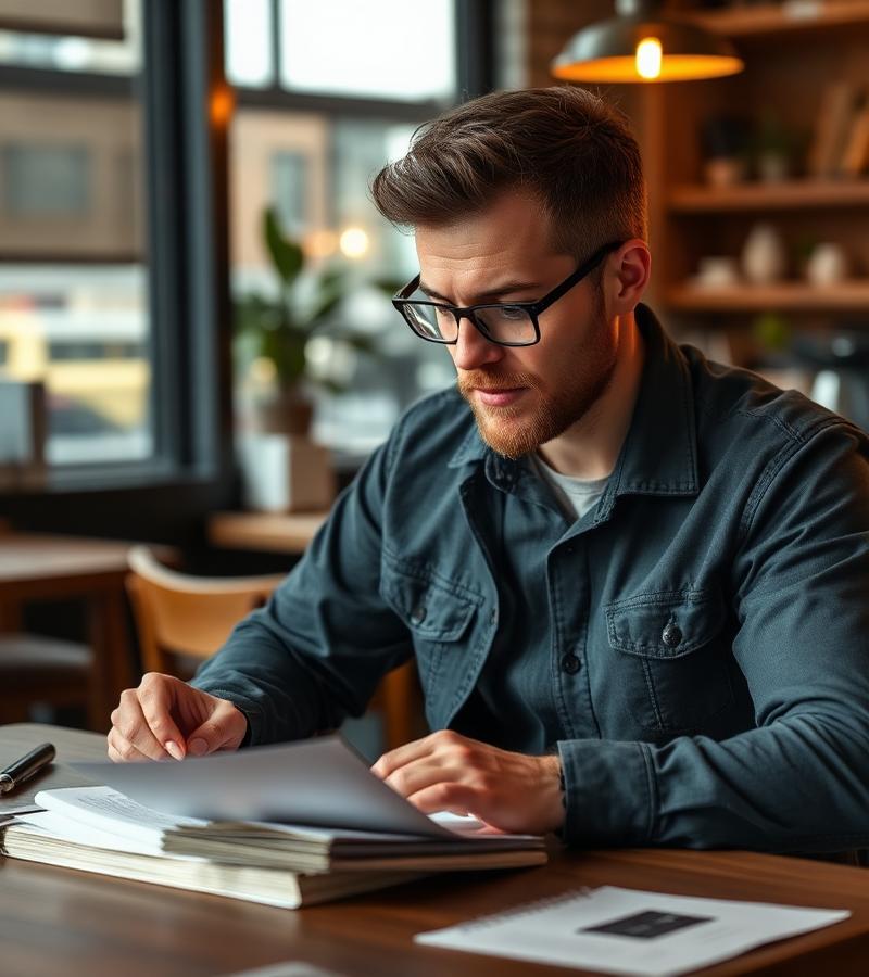 Business owner reviewing plans at cafe table