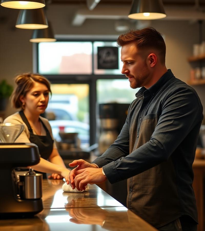 Coffee shop consultant working hands-on with cafe owner