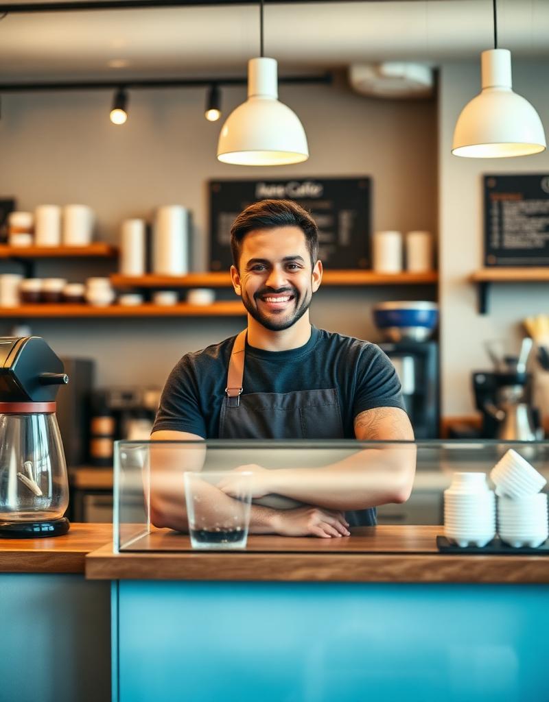 Happy coffee shop owner behind counter