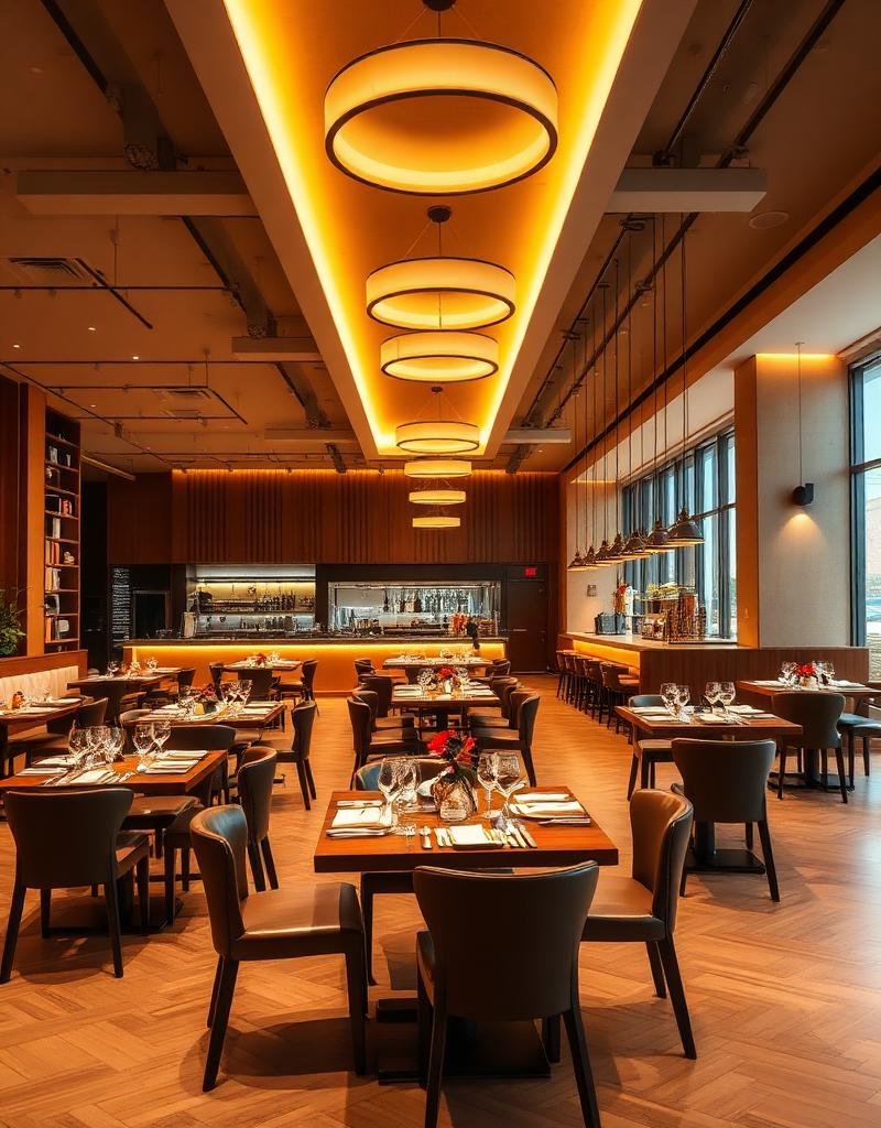 Modern restaurant interior with warm lighting