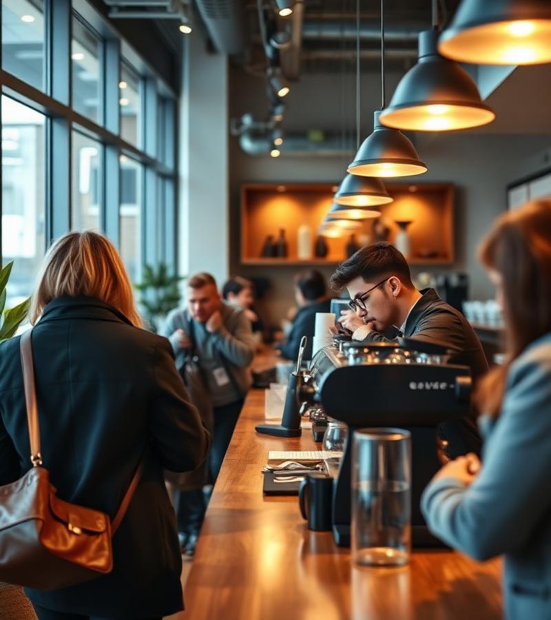 Busy coffee shop interior with customers