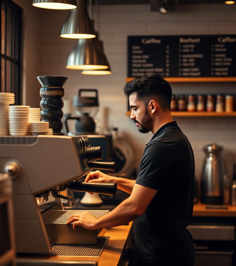 Barista working at espresso machine during peak hours