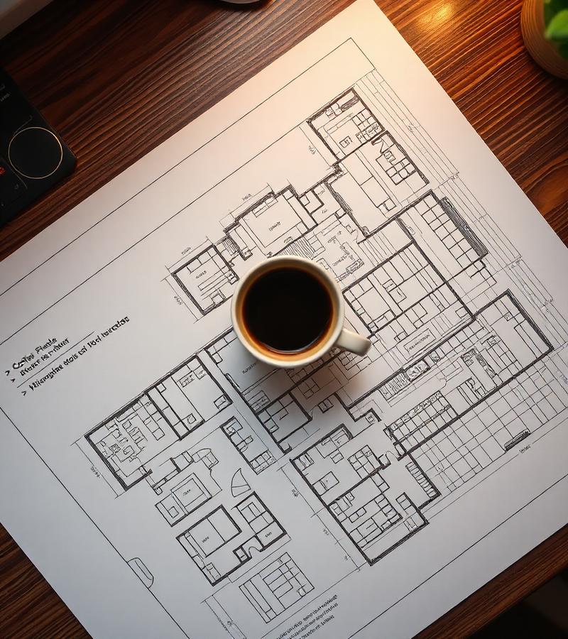 Coffee shop floor plan and blueprint on desk